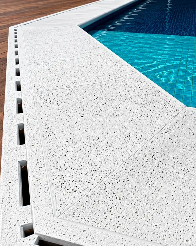 Placas de piso atérmico claro na borda de uma piscina.